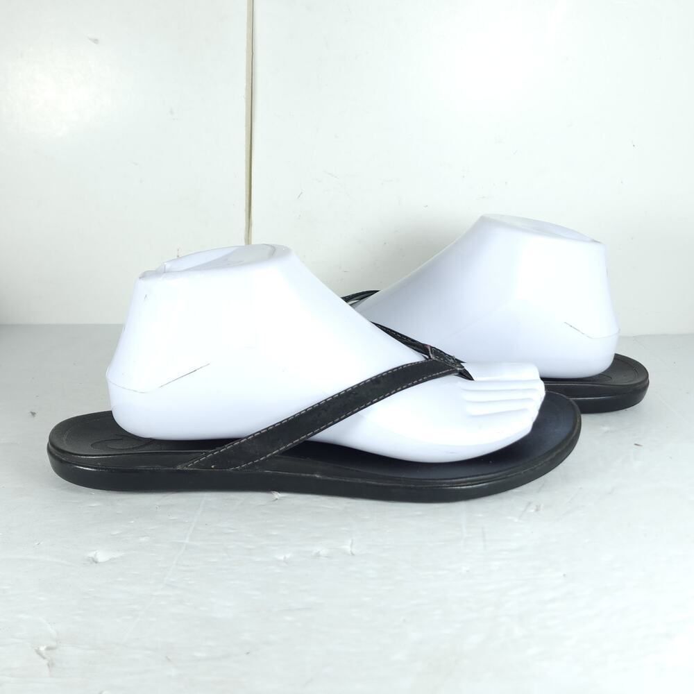 Olukai Women's Hono US8? Black Leather Slip On Flat Thong Flip Flop Sandals - Picture 8 of 16